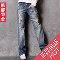 韩都衣舍2013韩国夏季韩版新款中腰直筒乞丐做旧破洞牛仔