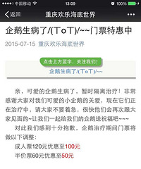 重庆欢乐海底世界的企鹅生病了,门票降价啦。