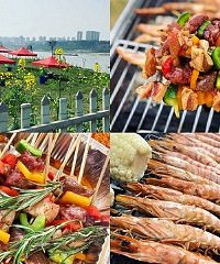 在开满油菜花的滨江路,来个海鲜BBQ