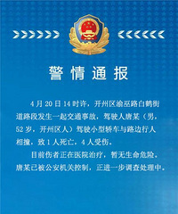 重庆一轿车撞倒行人 致一人死亡四人受伤