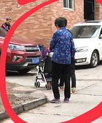 图中的妈妈站在十字路口耍手机