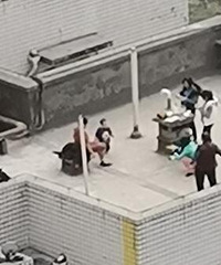 在家办公,看到对面在开天台茶话会