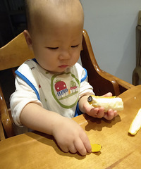 宝宝自主进食训练,给了一些软烂的食物,让宝宝自己感受