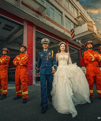 在老公合川的“办公室”拍了套婚纱照,穿制服的男人就是帅