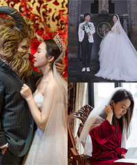 为了配合我们的婚礼主题,老公带起了野兽头套