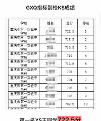 重庆第一实验中指标到校成绩,第一名722.5