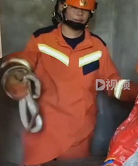 消防员抓蛇不敢看,大妈在旁安慰