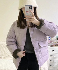 好温柔的紫色短款棉服,芯绒的拼接的好看又保暖