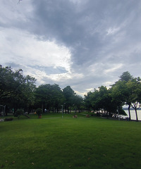 多云夹小雨的天气,正适合出来跑,江边还有人劝阻下水游泳的