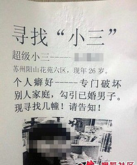 "强!原配怒寻小三 千张告示贴满小三小区"
