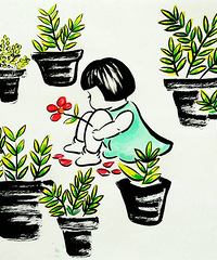 三八节,泡妹放学后手心里握着一朵花从教室