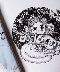 黑白小插画如何构思£¬樱花梦?#24120;?#33268;我的鬼马朋友瑞瑞和她的喵咪