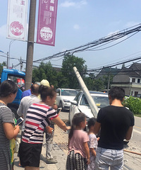 海宁一女司机撞上电线杆 电线杆当场被连根拔起