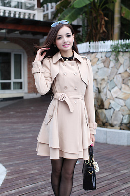 秋装新款女韩版时尚双排扣修身风衣 荷叶边裙