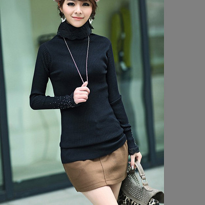 款冬装 甜美修身烫钻打底针织衫 女 蕾丝花边拼