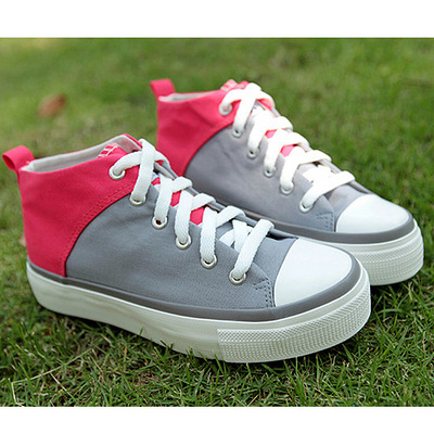 夏季拼色韩版帆布鞋松糕厚底单鞋平跟系带中高