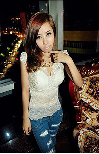 夜店必备性感垫胸V领蕾丝短袖修身收腰女 - 服