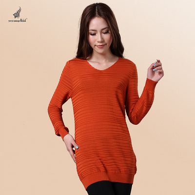亿羊纯秋冬款 v领中长款打底衫 肥大纯色毛衣针
