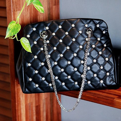 韩国官网代购复古黑色珍珠菱格纹女包链条包包