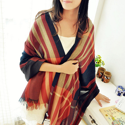 RGLT 色织工艺散穗格纹气质披肩 女士围巾 - 服