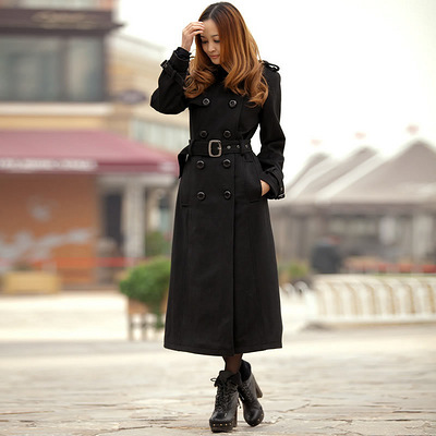 悦空间黑色超长款毛呢大衣欧美双排扣加长款大