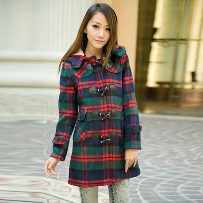 爱恋思维 韩版秋冬季加厚加绒格子大衣 毛呢大