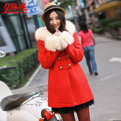异惑 冬装新品 毛呢外套女 冬季修身毛领双排扣