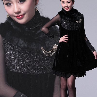 通天国际2012冬装新款兔毛毛领丝绒蕾丝盘花