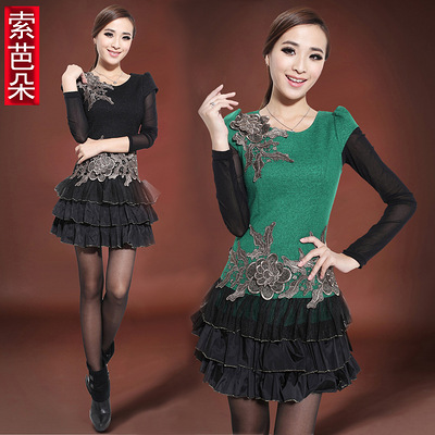 呢子裙秋冬季修身蕾丝下摆羊毛呢裙冬款羊毛呢