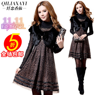 装新款 女装韩版豹纹兔毛蝴蝶结针织连衣裙 秋