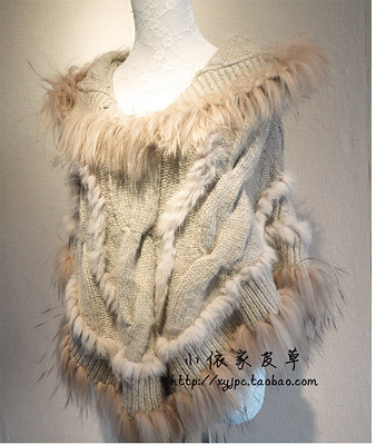 2012新款 韩版兔毛耗子毛领针织披肩皮草斗篷