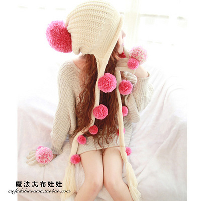 日系新款甜美可爱森林系女式冬帽毛球流苏护耳