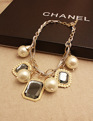 饰纪 欧美复古 珍珠水钻 夸张毛衣链 短款项链