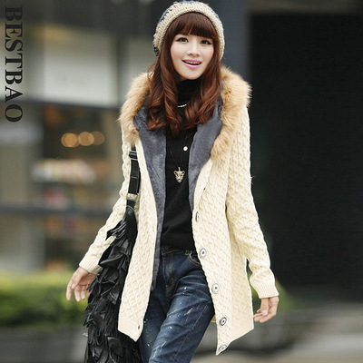 百诗堡包邮毛衣长款开衫女加厚加绒外套毛绒内