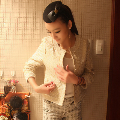 秋装新品小香风名媛粗呢外套圆领开衫修身毛呢