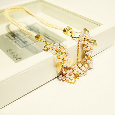 韩国树叶珍珠缠绕多层夸张气质长款项链棉绳毛