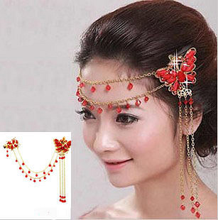 蝶恋 新娘头饰红色 结婚饰品额饰 发饰 婚纱中式