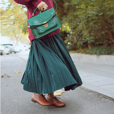 秋冬新品百褶长裙 文艺大摆百褶裙 复古森女松