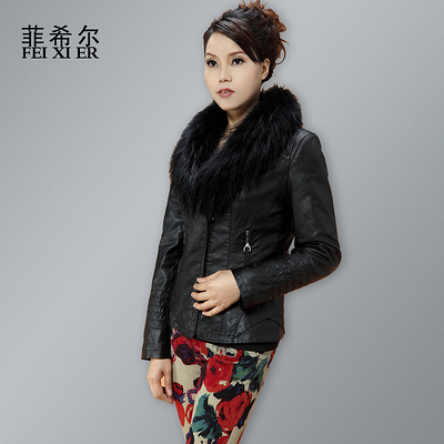 新款冬装加棉毛领外套中年女士pu皮皮衣短款