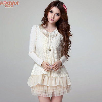 开心柠檬2013春装新款女装打底衫长袖蕾丝淑