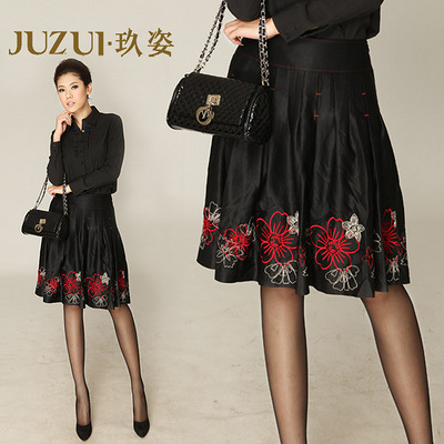 玖姿官方旗舰店JUZUI复古花色百褶裙中长裙半