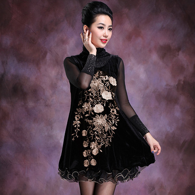 艾缇莎2013春装新款女无袖刺绣花金丝绒加大