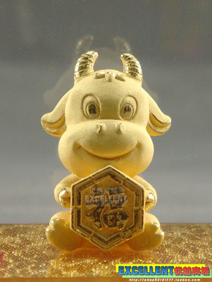 24K千足金12生肖六福金牛 绒沙金 黄金摆件 生