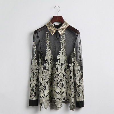 韩国东大门网纱精致亮丝款气质长袖透款衬衫钩