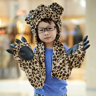 2013 日韩系男女童豹纹熊掌珊瑚绒儿童帽子围