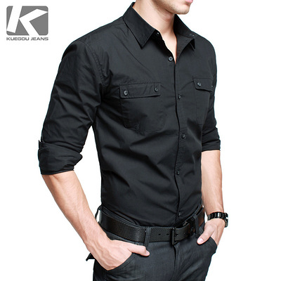 【KUEGOU】男士长袖修身衬衫 黑色衬衣 男英