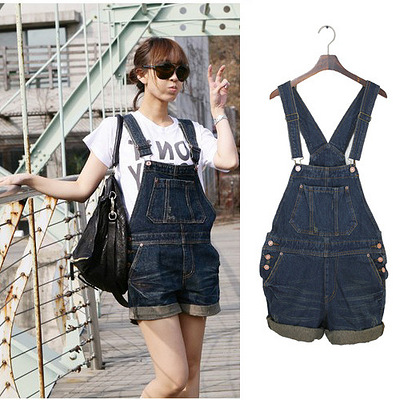 韩国原单牛仔背带裤简约扣子牛仔背带裤<em>短裤</em>韩