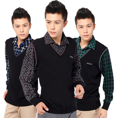 2013春装男士假两件套针织韩版毛衣加绒长袖