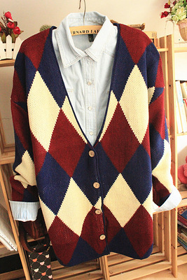 秒杀~2013初春V领双面织菱形加厚大版 宽松开