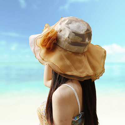 夏天防紫外线韩版女士帽子防晒帽蕾丝花朵遮阳